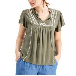 Style & Co Embroidered Flutter-Sleeve Top Olive Drab M